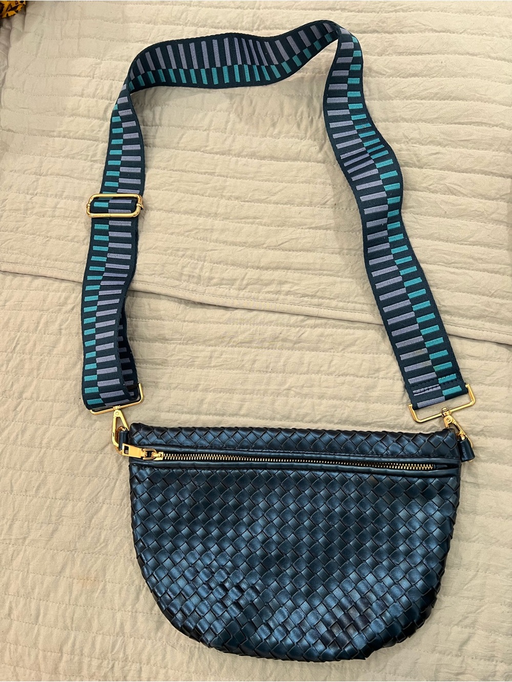 Pretty Simple Woven Metallic Navy Crossbody Bag with Striped Adjustable Strap -